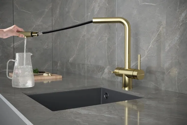 Детальное фото товара: KUCHENSTERN FOKUS-FS, смеситель, нержавеющая сталь, золото