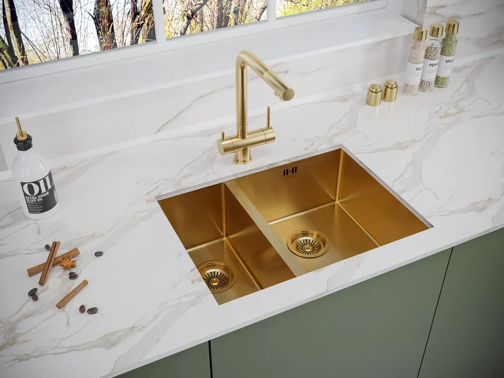 Детальное фото товара: Paulmark GERBERG 59/2S UNI, мойка, нержавеющая сталь, брашированное золото, правая