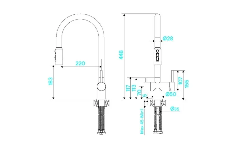 Детальное фото товара: KUCHENSTERN UBER-FS, смеситель, нержавеющая сталь