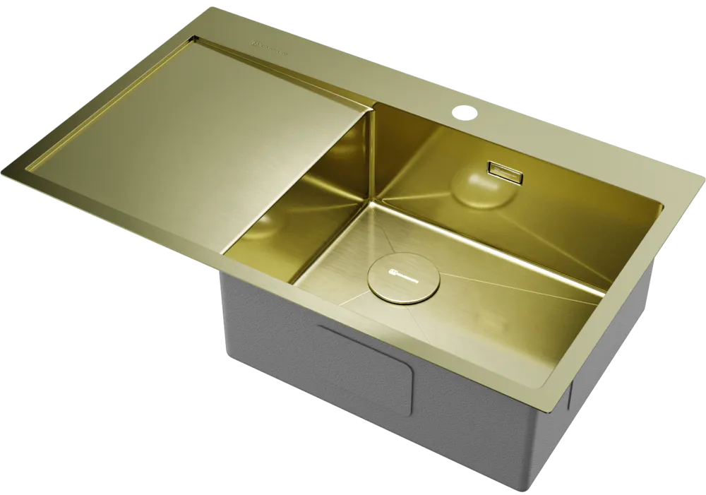 Детальное фото товара: Omoikiri Akisame 86-LG-R Side , мойка, нержавеющая сталь/ светлое золото, чаша справа