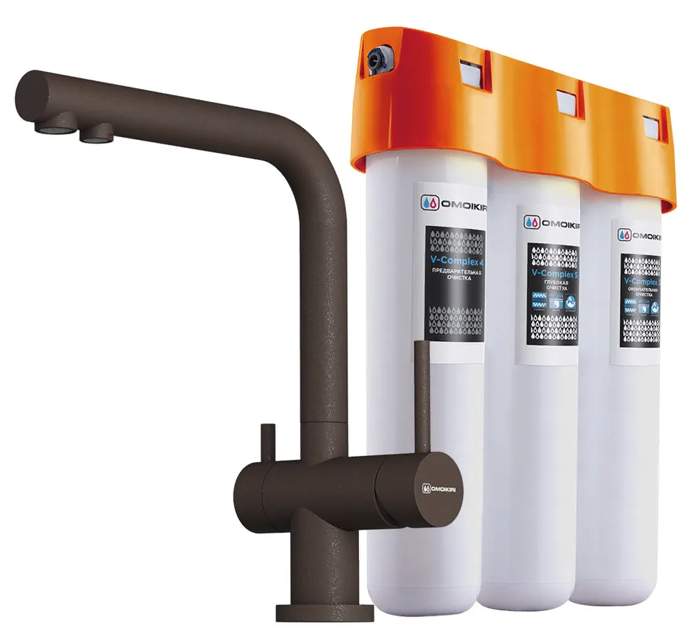 Детальное фото товара: Omoikiri Nagano-DC-P, смеситель, гранит, темный шоколад + Pure drop Lite