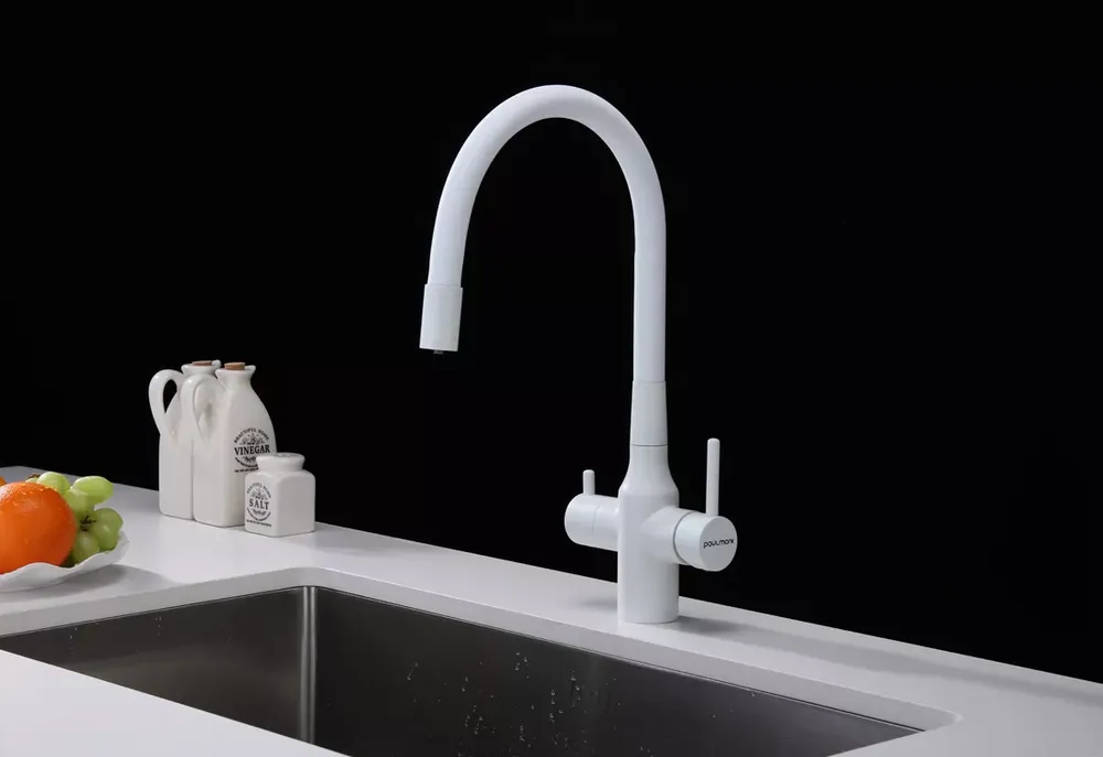 Детальное фото товара: Paulmark SALIX, смеситель, белый матовый, белый шланг