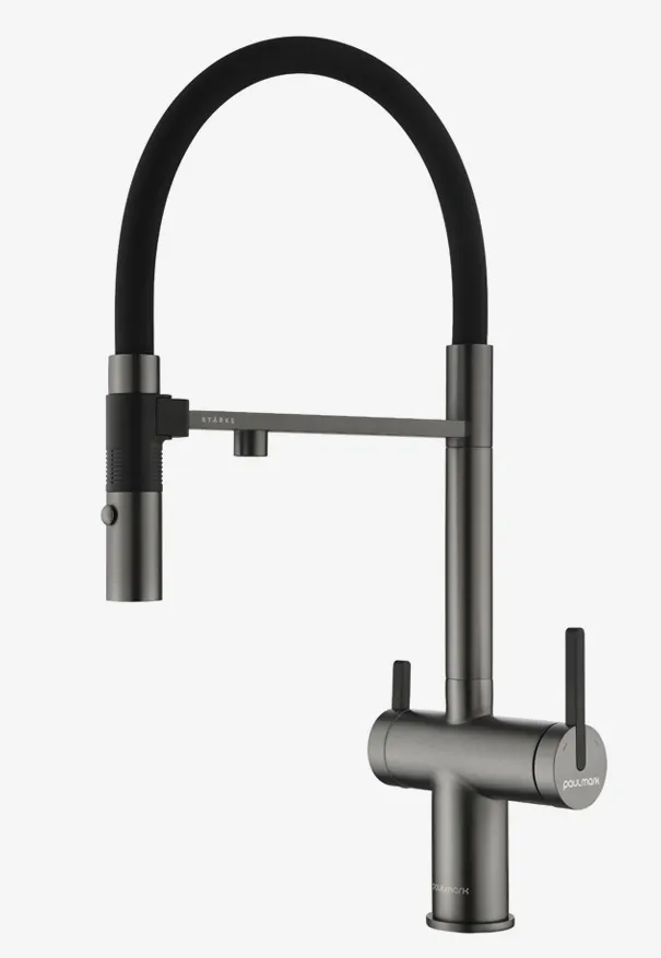 Фото товара: Paulmark GRAVITY, смеситель, вороненая сталь, черный шланг