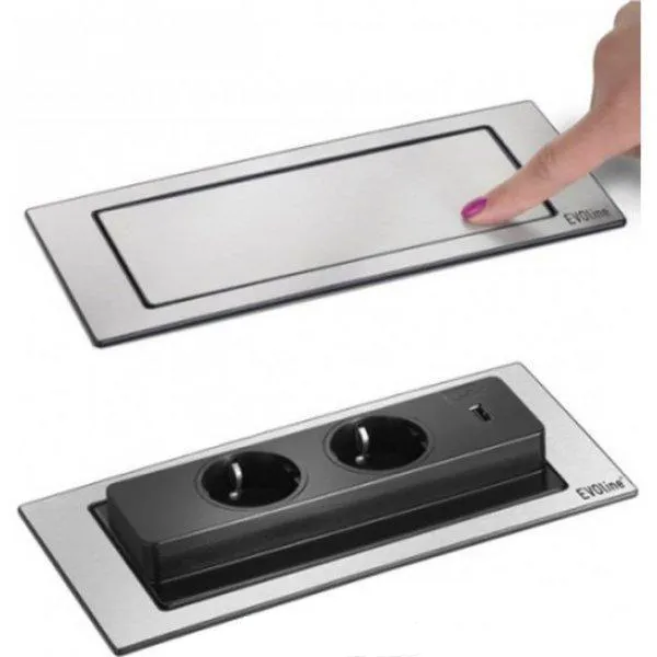 Детальное фото товара: EVOLINE BackFlip, 2 эл. розетки, 1 USB зарядка, нержавеющая сталь