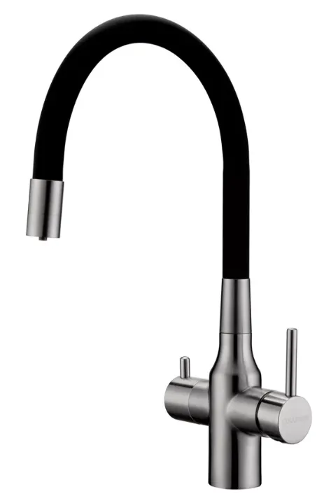 Фото товара: Paulmark SALIX, смеситель, брашированная сталь, черный шланг