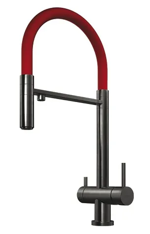 Детальное фото товара: Omoikiri Kanto-PVD-GM, смеситель, вороненая сталь/красный гибкий шланг