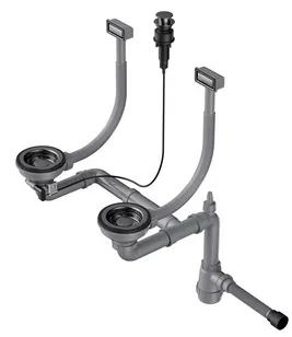 Детальное фото товара: Omoikiri WK-2-GM-A Арматура для двухчашевых моек с прямоугольным перелив, и кл. -авт. воронен. сталь