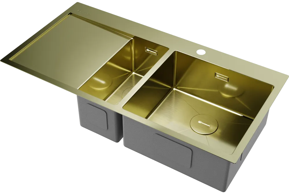 Детальное фото товара: Omoikiri Akisame 100-2-LG-R, мойка, нержавеющая сталь/светлое золото, чаша справа