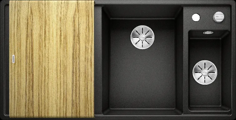 Детальное фото товара: Blanco Axia III 6S, мойка,чаша справа, гранит, черный, разделочный столик ясень