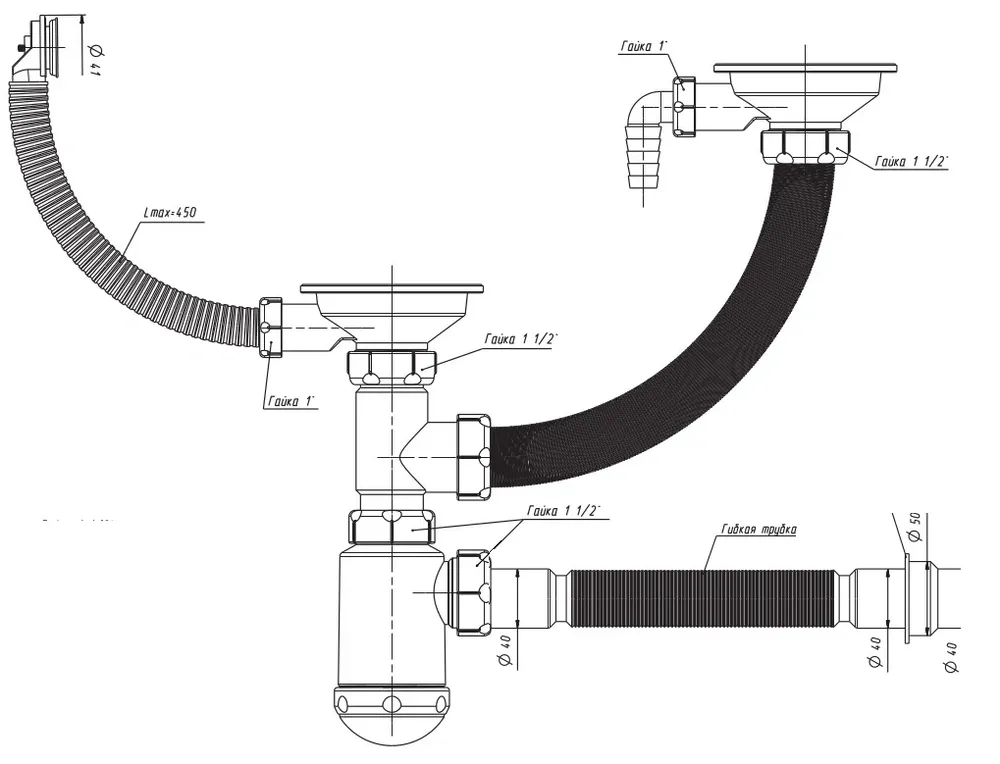 Детальное фото товара: GranFest Сифон двойной Санпласт GRAND с круглым переливом + гофра