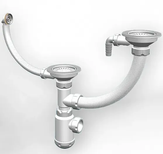 Детальное фото товара: GRANULA сифон двойной GRAND 31/2 с круглым переливом и винтом и отводом металл