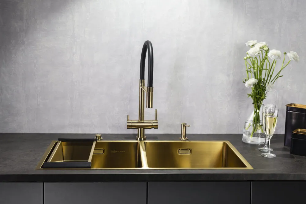 Детальное фото товара: Omoikiri Taki 86-2-U/IF LG, мойка, нержавеющая сталь/светлое золото