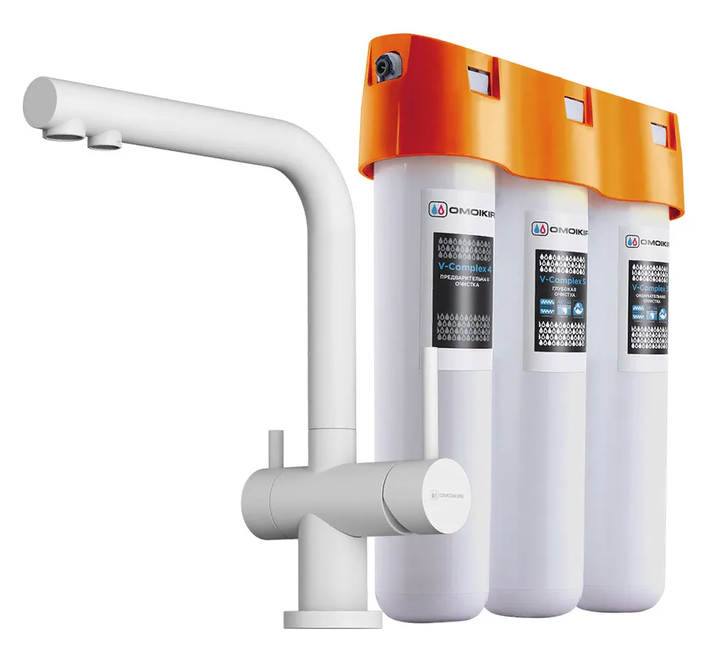 Фото товара: Omoikiri Nagano-WH-P, смеситель, гранит, белый + Pure drop Lite