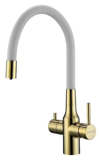 Фото товара: Paulmark SALIX, смеситель, золото, белый шланг