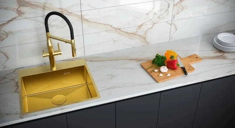 Детальное фото товара: KUCHENSTERN ELIT-FE, смеситель, нержавеющая сталь, золото