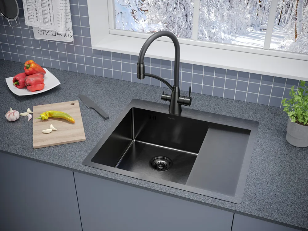 Детальное фото товара: Paulmark KRONER 59F, мойка, нержавеющая сталь, вороненая сталь, левая