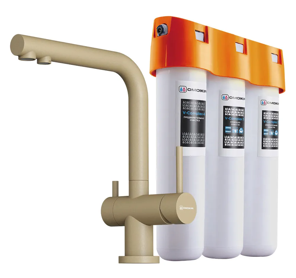 Фото товара: Omoikiri Nagano-CH-P, смеситель, гранит, шампань + Pure drop Lite