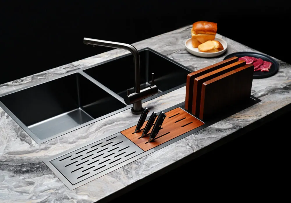 Детальное фото товара: Omoikiri Taki 86-2-U/IF GM, мойка, нержавеющая сталь/вороненая сталь 