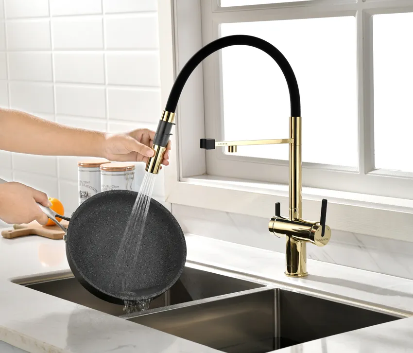 Детальное фото товара: Paulmark GRAVITY, смеситель, золото, черный шланг