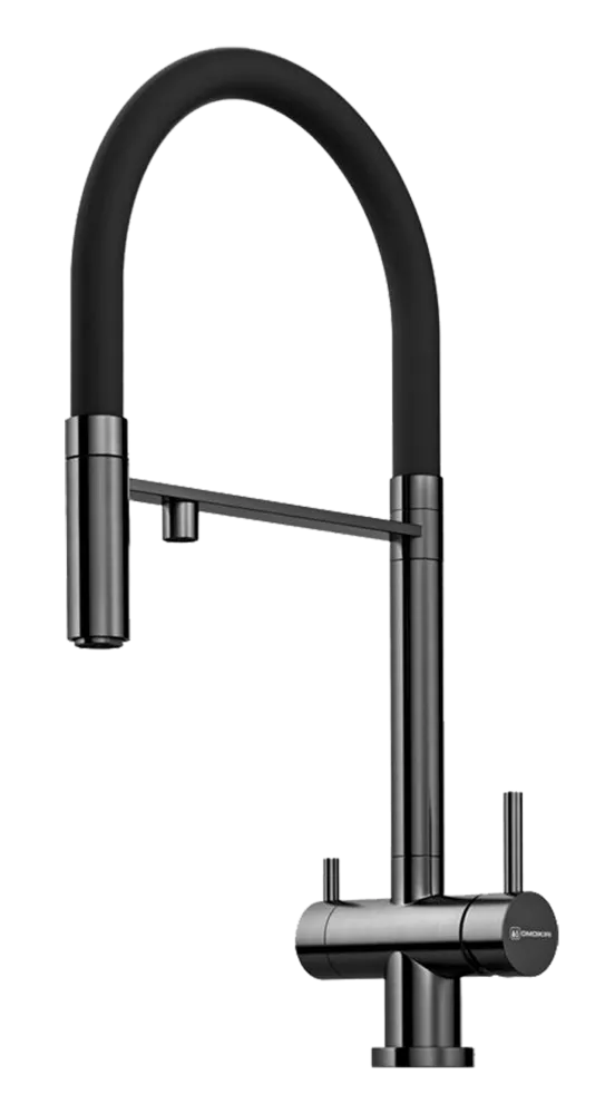 Фото товара: Omoikiri Kanto-GM-BL, смеситель, вороненая сталь/черный гибкий шланг