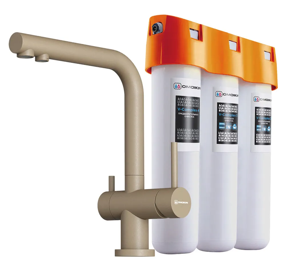 Детальное фото товара: Omoikiri Nagano-CA-P, смеситель, гранит, карамель + Pure drop Lite