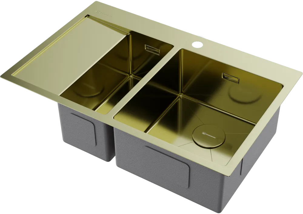 Детальное фото товара: Omoikiri Akisame 78-2-LG-R, мойка, нержавеющая сталь/светлое золото, чаша справа  