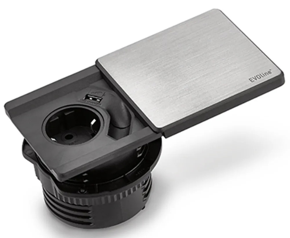 Фото товара: EVOLINE Square80, блок розеток с Qi-зарядкой,1 эл. розетка, 1 разъем RJ45, 1 USB зарядка, нерж.сталь