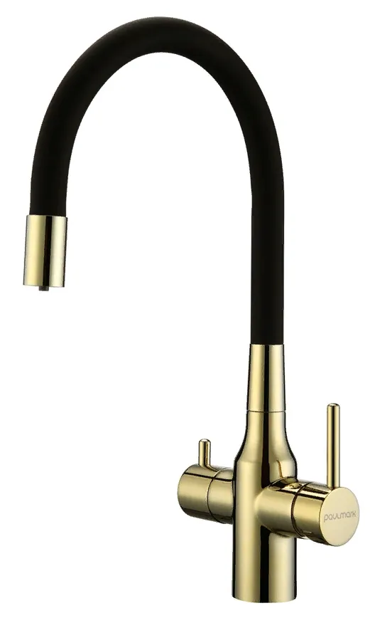 Фото товара: Paulmark SALIX, смеситель, золото, черный шланг