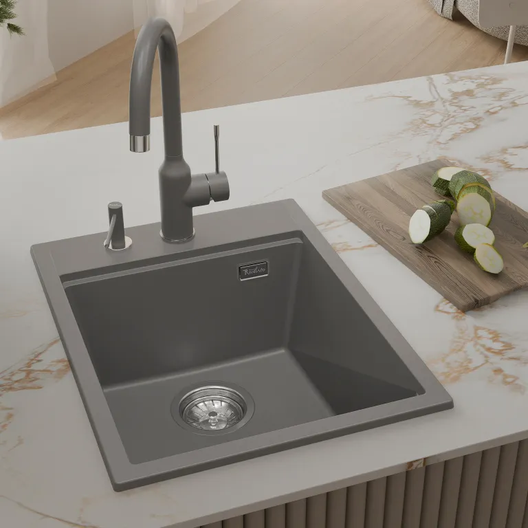 Детальное фото товара: Rivelato TESORO TR-405 grigio metallizz, мойка, гранит, серый металлик