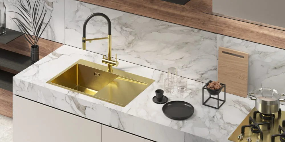 Детальное фото товара: Omoikiri Akisame 78-LG-L, мойка, нержавеющая сталь/светлое золото, чаша слева