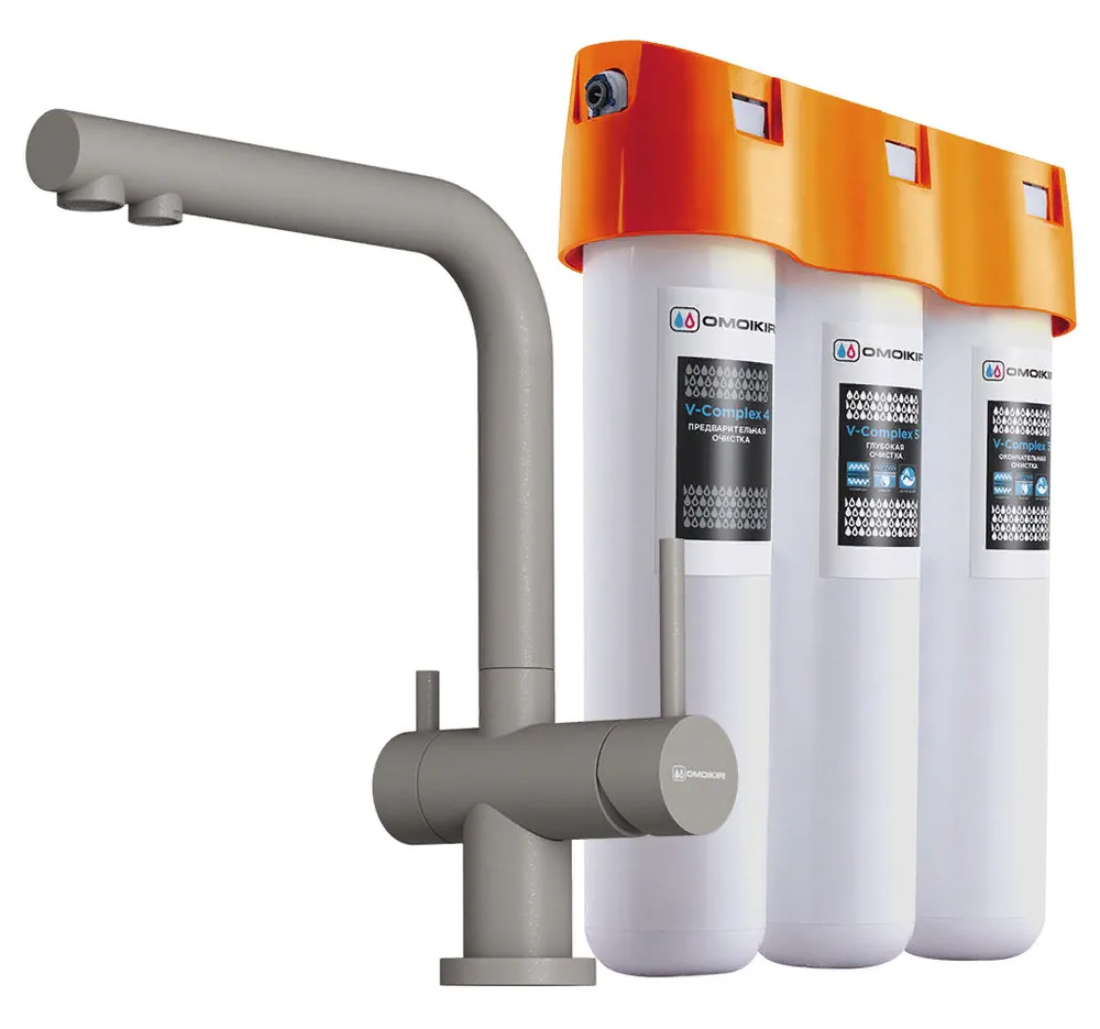 Фото товара: Omoikiri Nagano-GR-P, смеситель, гранит, leningrad grey + Pure drop Lite