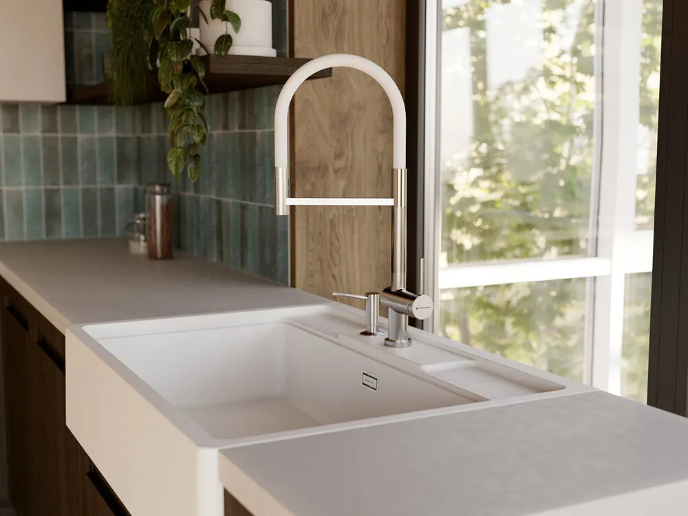 Детальное фото товара: Omoikiri Kanto-2 Plus-SB BN-WH, смеситель, латунь, нержавеющая сталь/белый