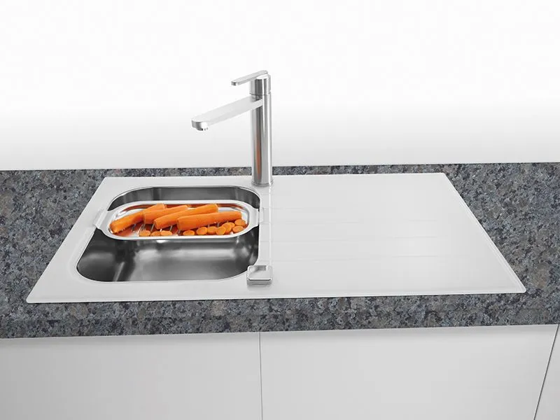 Детальное фото товара: ALVEUS GLASSIX 10 RAL9005-90, мойка, нержавеющая сталь/стекло, белый (в компл.с сифон 1127251)