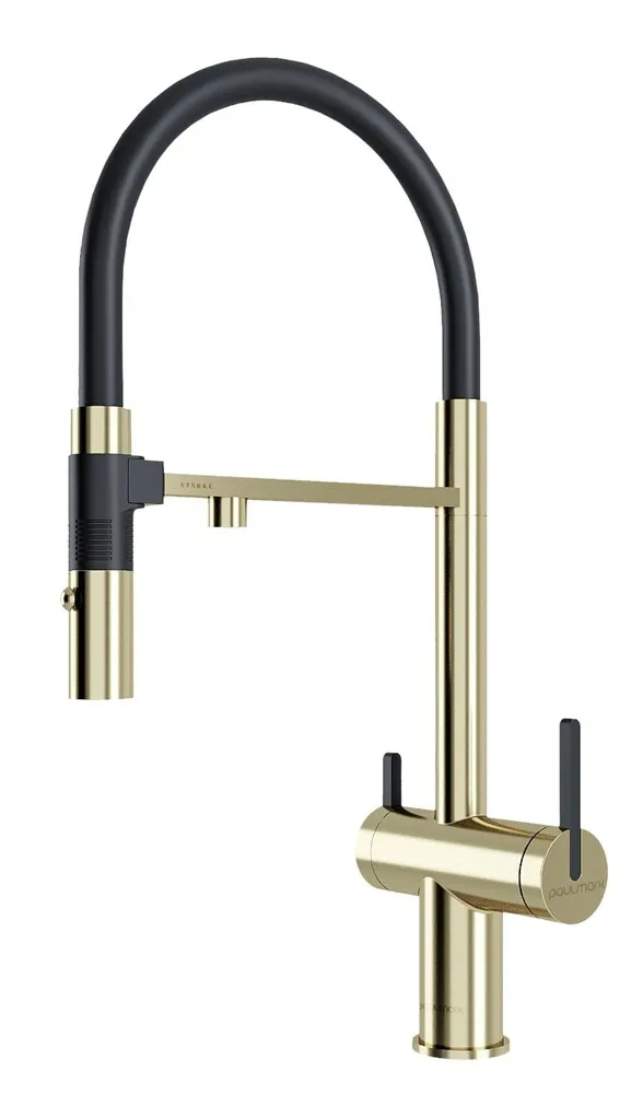 Фото товара: Paulmark GRAVITY, смеситель, светлое золото, черный шланг