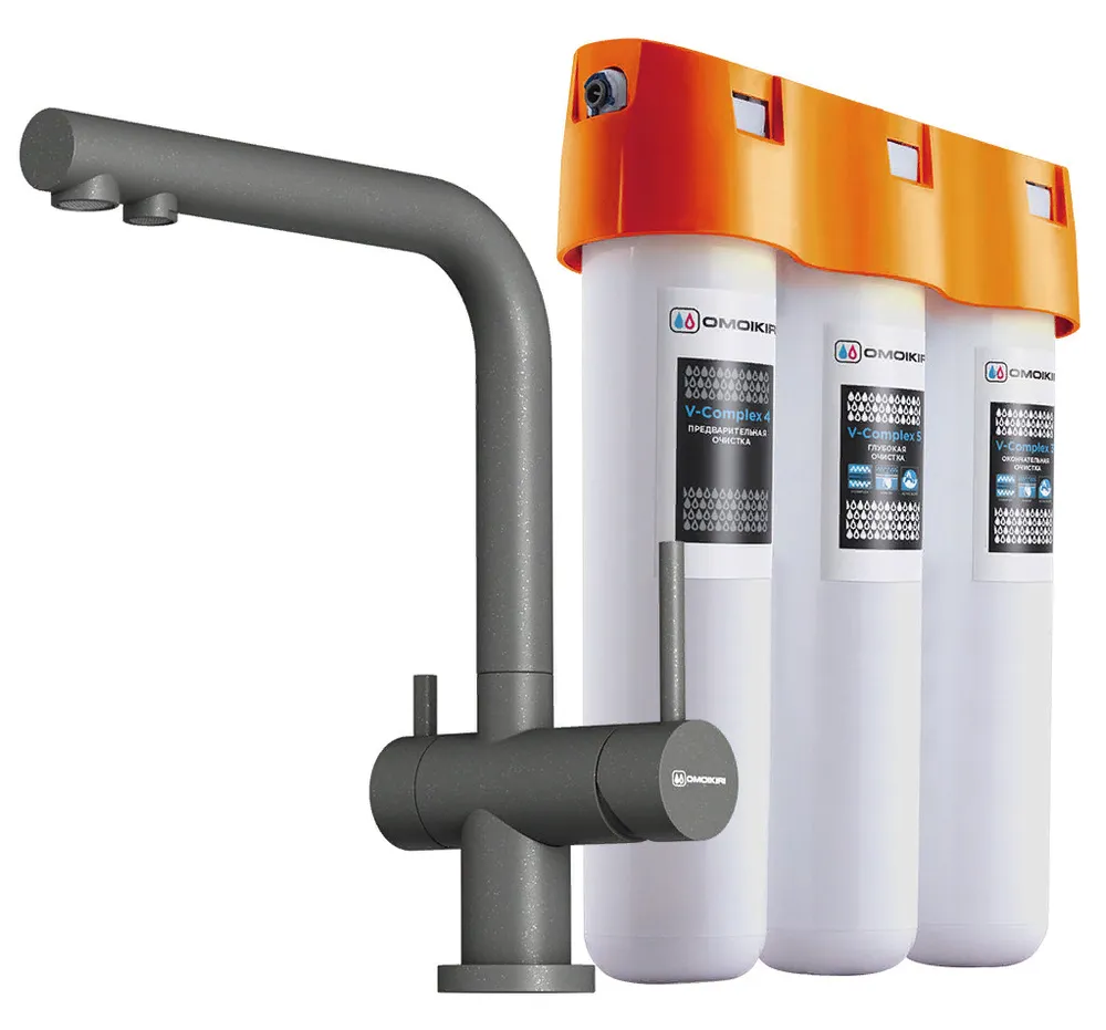 Детальное фото товара: Omoikiri Nagano-PL-P, смеситель, гранит, платина + Pure drop Lite