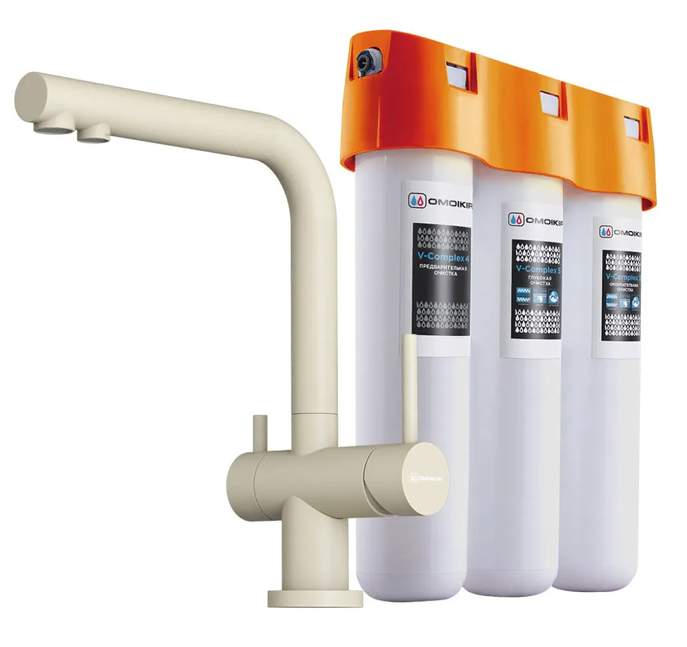 Детальное фото товара: Omoikiri Nagano-BE-P, смеситель, гранит, ваниль + Pure drop Lite