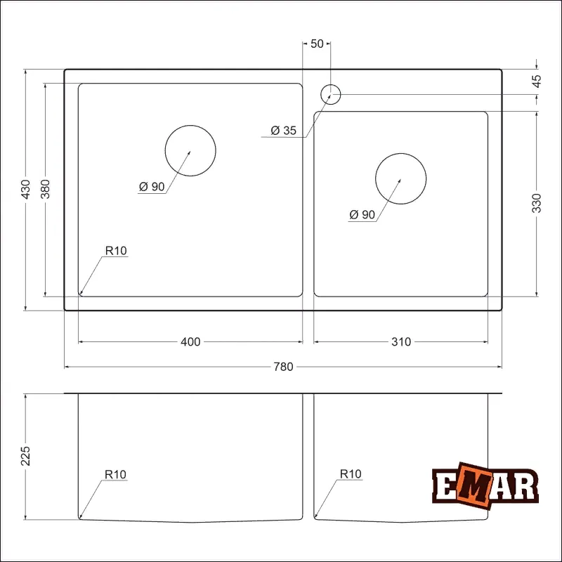 Детальное фото товара: Emar EMB-210 PVD Nano Dark, мойка, нержавеющая сталь, вороненая сталь