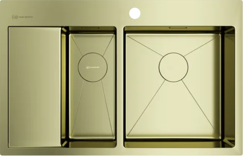 Детальное фото товара: Omoikiri Akisame 78-2-LG-R, мойка, нержавеющая сталь/светлое золото, чаша справа  