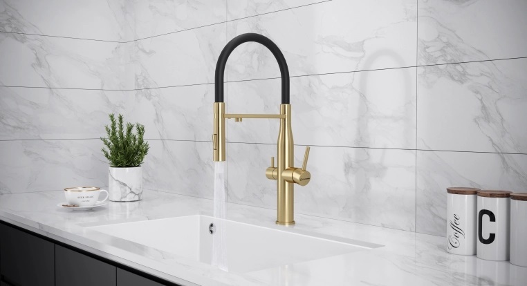 Детальное фото товара: KUCHENSTERN ELIT-FE, смеситель, нержавеющая сталь, золото