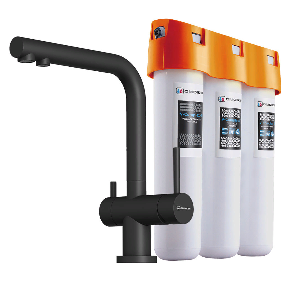 Фото товара: Omoikiri Nagano-BL-P, смеситель, гранит, черный + Pure drop Lite