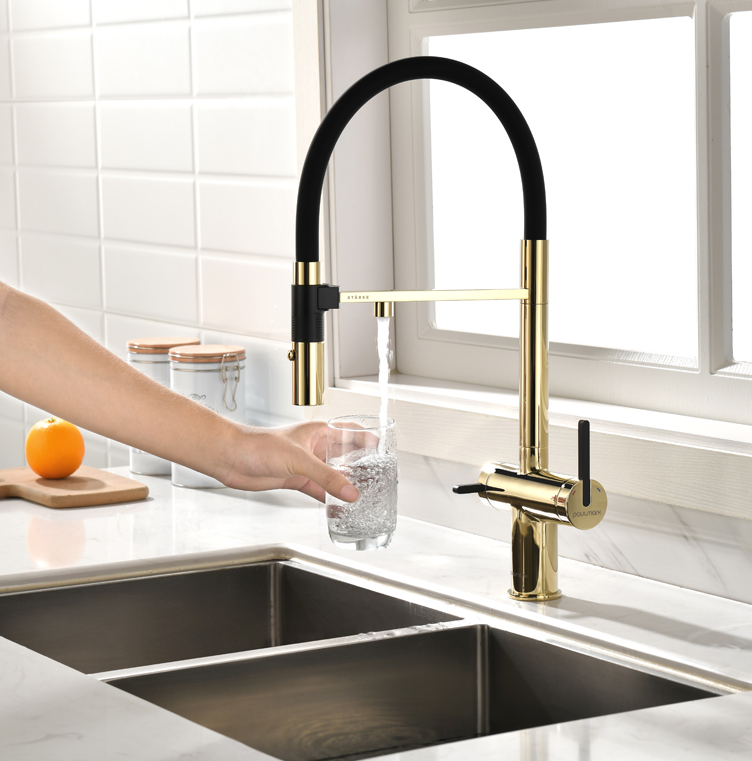 Детальное фото товара: Paulmark GRAVITY, смеситель, золото, черный шланг