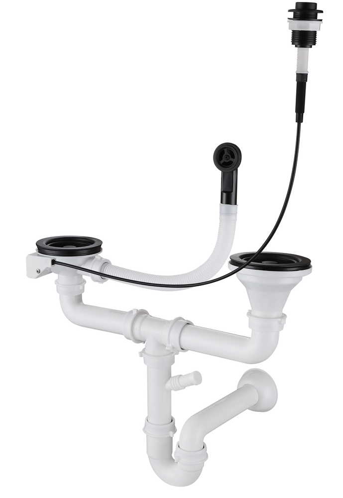 Фото товара: GranFest Сифон двойной 3 1/2" полу-автомат с круглым переливом, черный