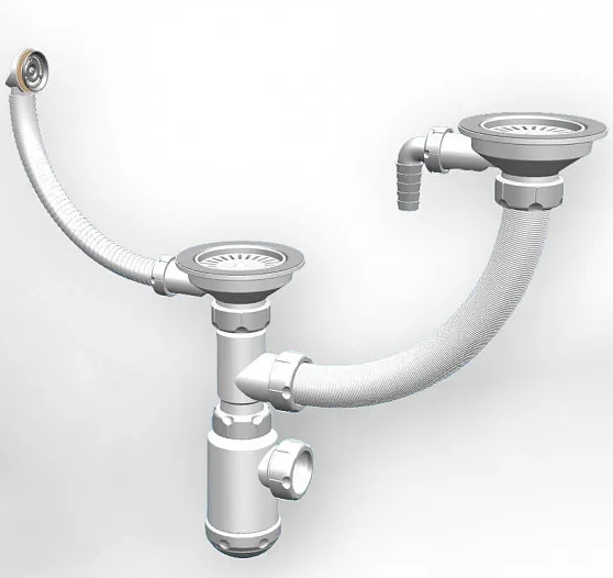 Детальное фото товара: GRANULA сифон двойной GRAND 31/2 с круглым переливом и винтом и отводом металл