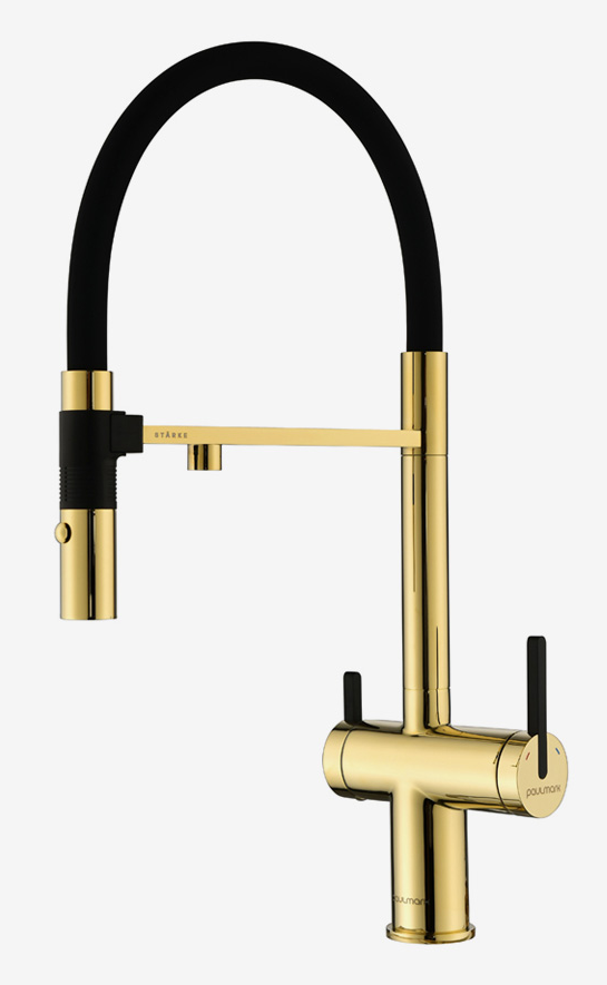 Paulmark GRAVITY, смеситель, золото, черный шланг Фото товара: Paulmark GRAVITY, смеситель, золото, черный шланг