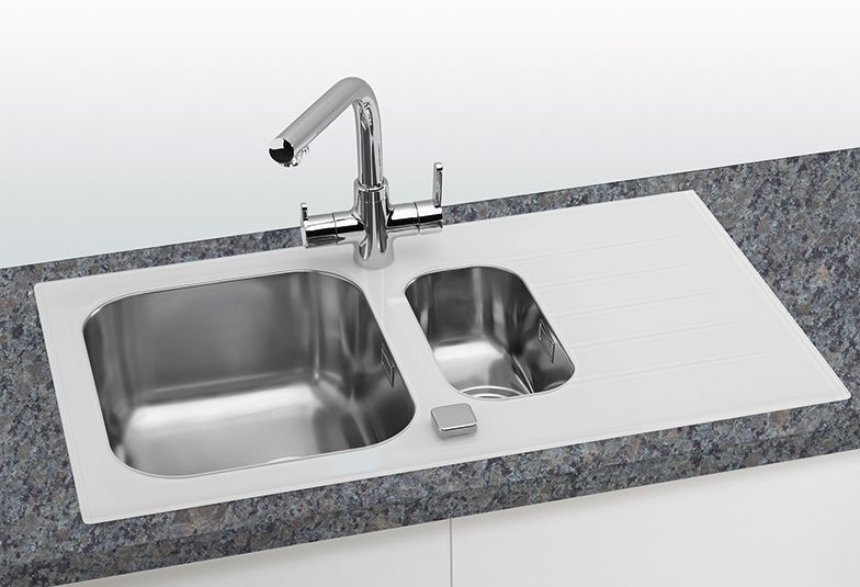 Детальное фото товара: ALVEUS GLASSIX 20 RAL9005-90, мойка, нержавеющая сталь/стекло, белый (в компл.с сифон)