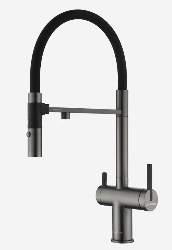 Фото товара: Paulmark GRAVITY, смеситель, вороненая сталь, черный шланг