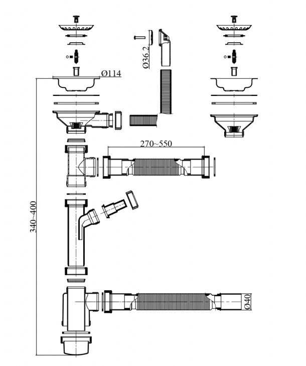 Фото товара: Emar ESQ-2P, сифон двухчашевой мойки с переливом