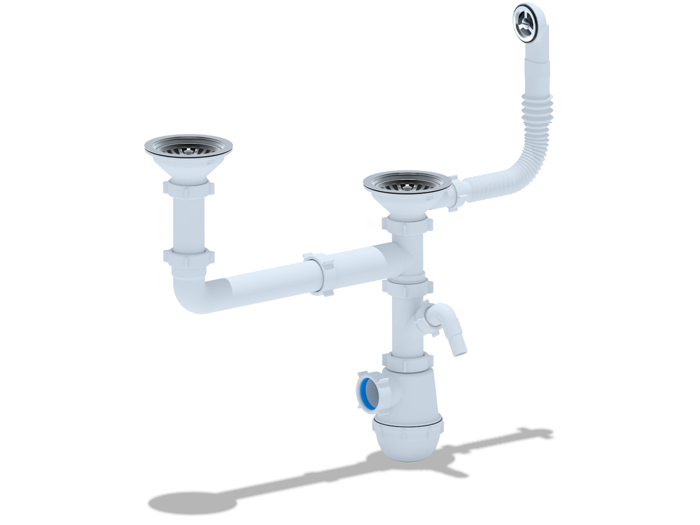 GranFest Сифон двойной Ани Грот 3 1/2" с переливом и отводами Анипласт Фото товара: GranFest Сифон двойной Ани Грот 3 1/2" с переливом и отводами Анипласт