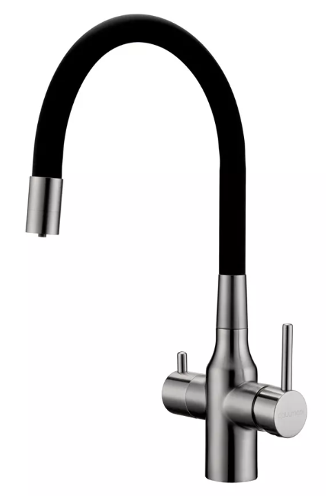 Фото товара: Paulmark SALIX, смеситель, брашированная сталь, черный шланг
