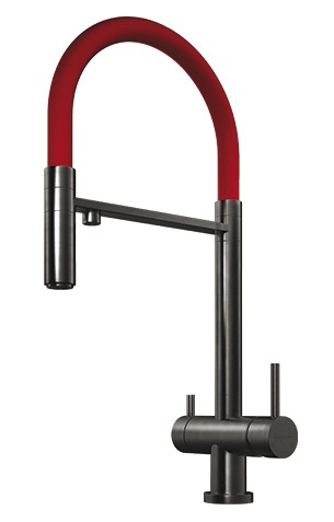 Фото товара: Omoikiri Kanto-PVD-GM, смеситель, вороненая сталь/красный гибкий шланг